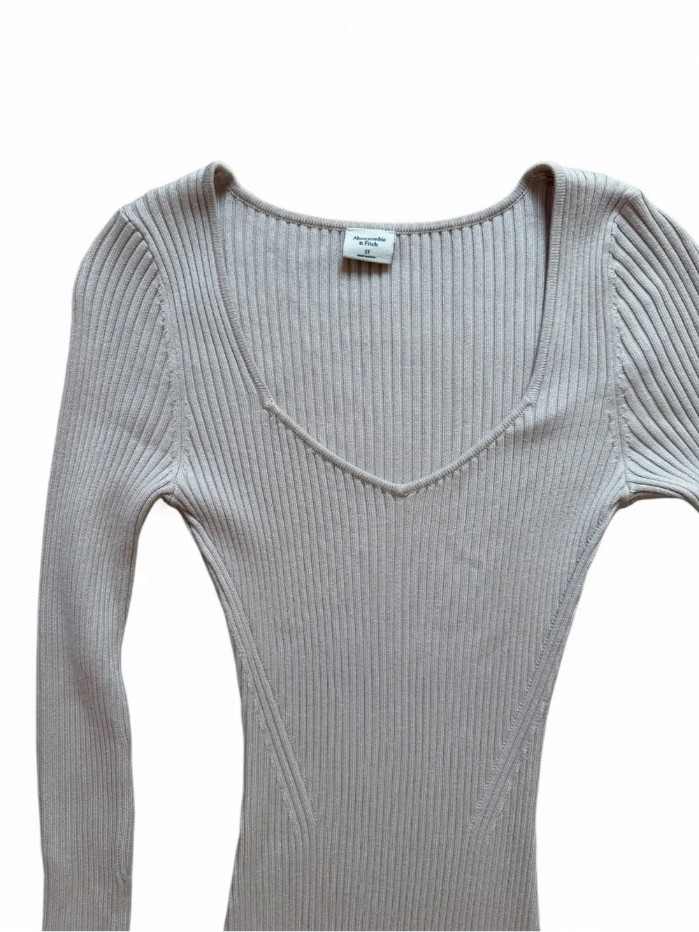 Abercrombie & Fitch Cream Ribbed Long-Sleeve Maxi Dress